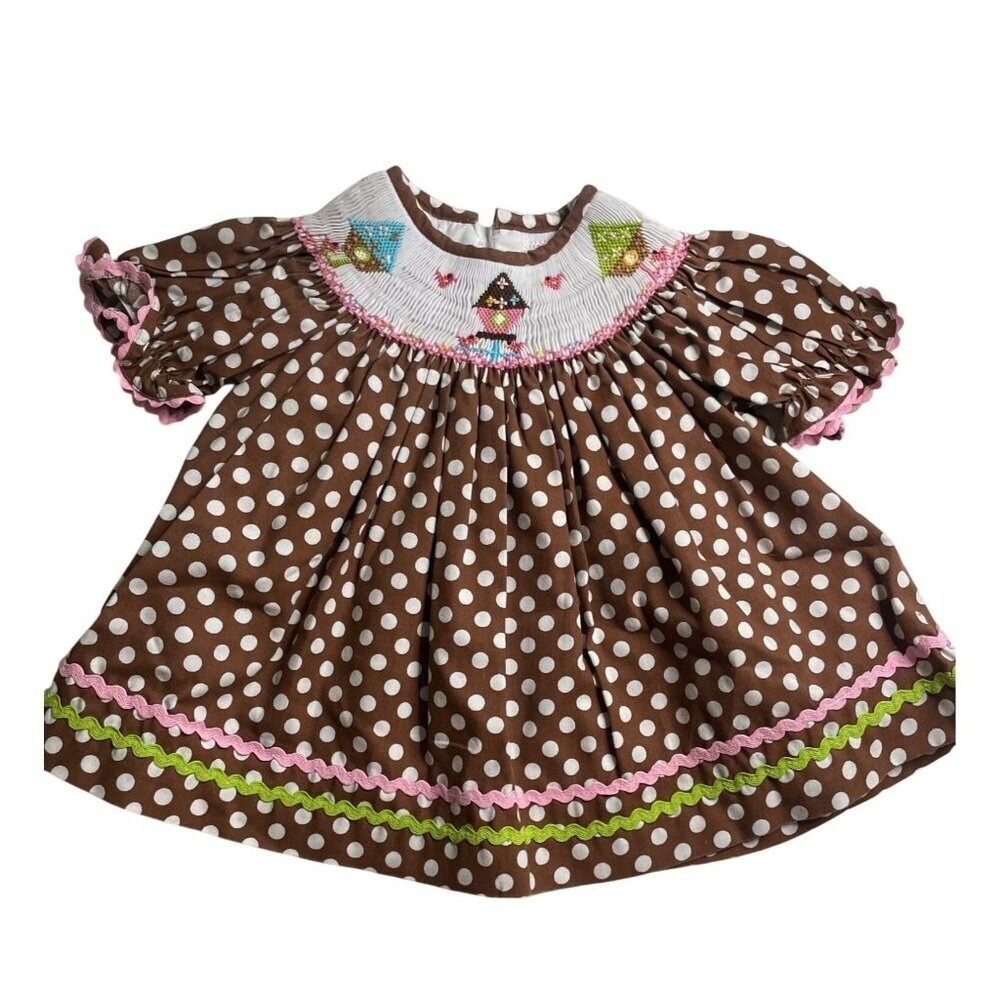 Brown Polka Dot Baby Dress 12M By Cukees With Embroidered Collar & Ruffled 12M